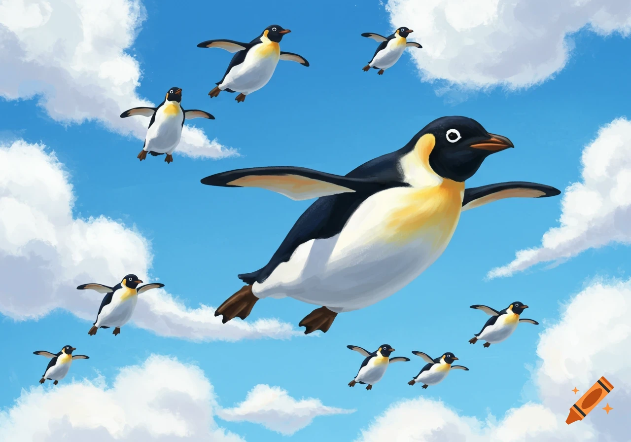 Illustration of emperor penguins flying through a blue sky with clouds.