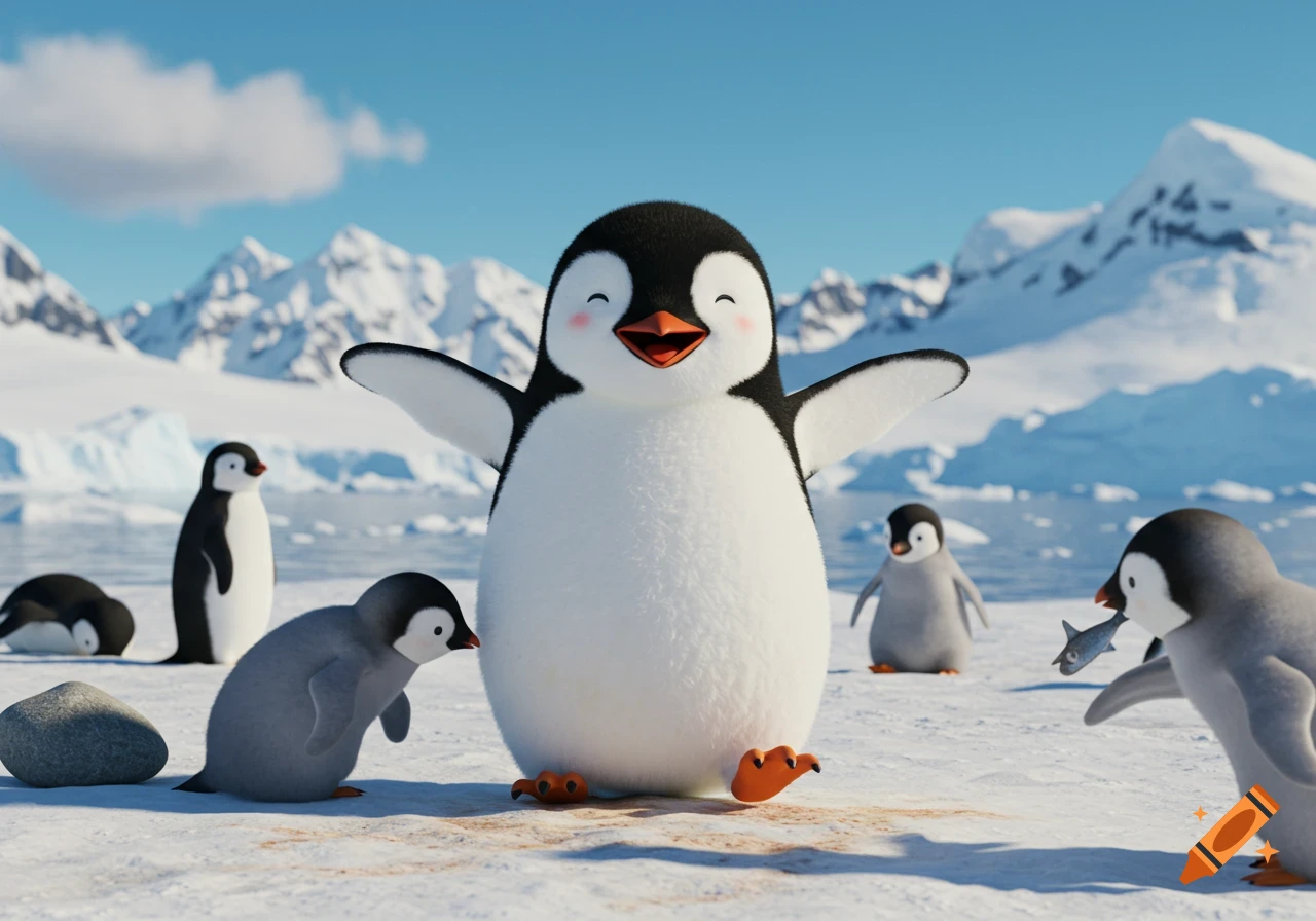 A group of cute, happy penguins in Antarctica. A large penguin stands center with wings spread, surrounded by smaller penguins.