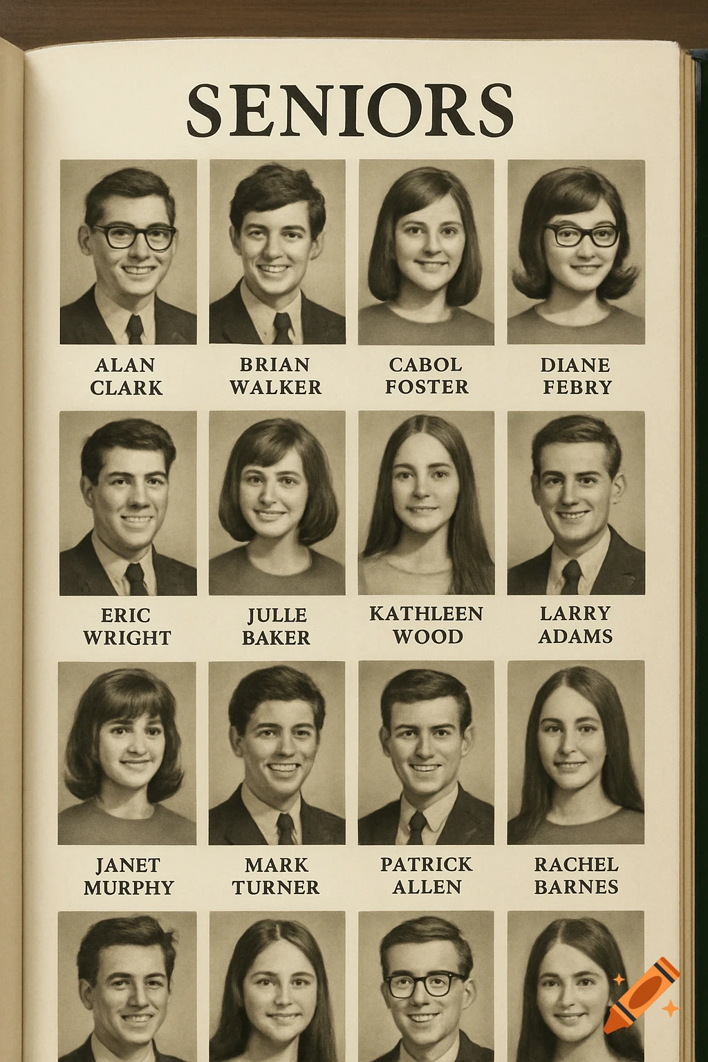 Vintage high school yearbook page with portraits and names
