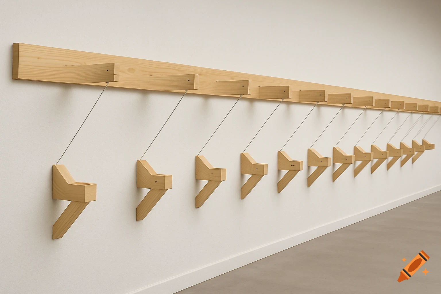 Series of wooden support brackets with wires mounted on a white wall.