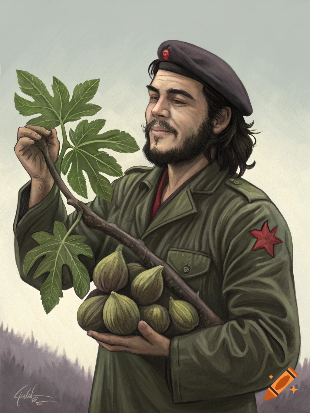Illustration of a man resembling Che Guevara in military attire, holding a branch of figs and leaves.