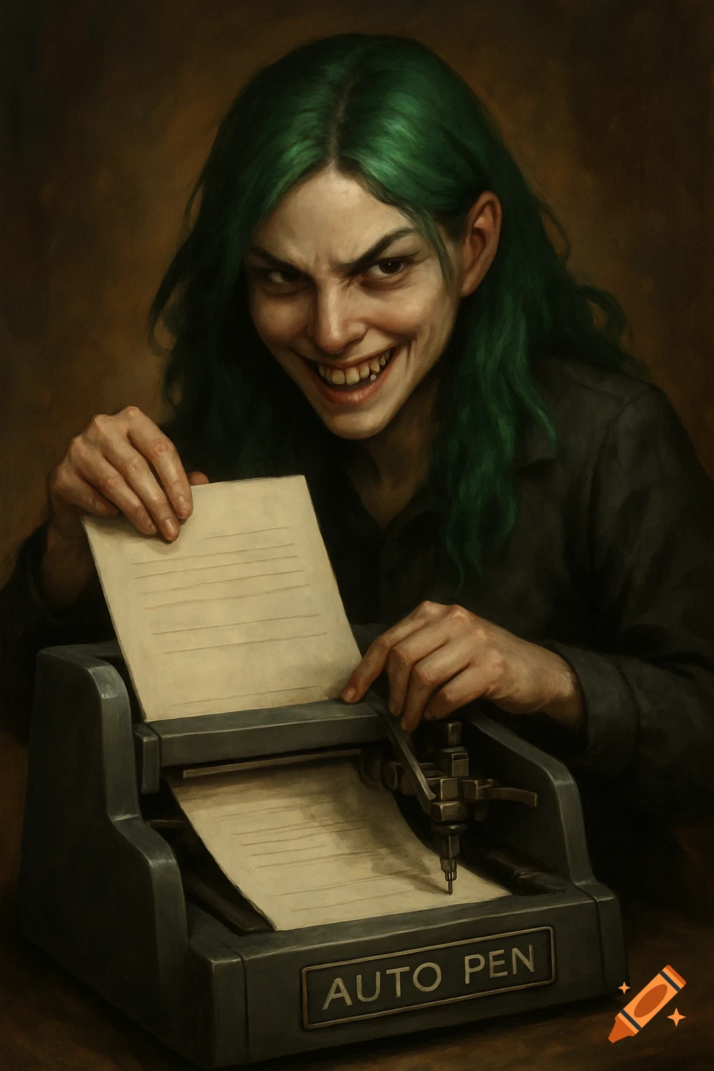 Woman with green hair and evil grin using auto pen machine, painterly portrait style