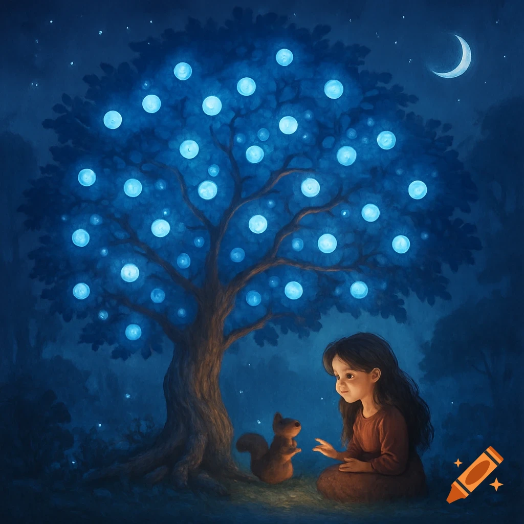 A young girl sits with a squirrel under a glowing moonberry tree at night.
