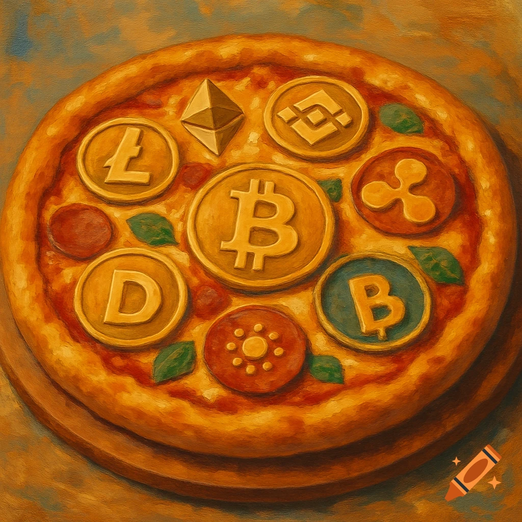 Painterly image of a pizza topped with cryptocurrency symbols on coins.