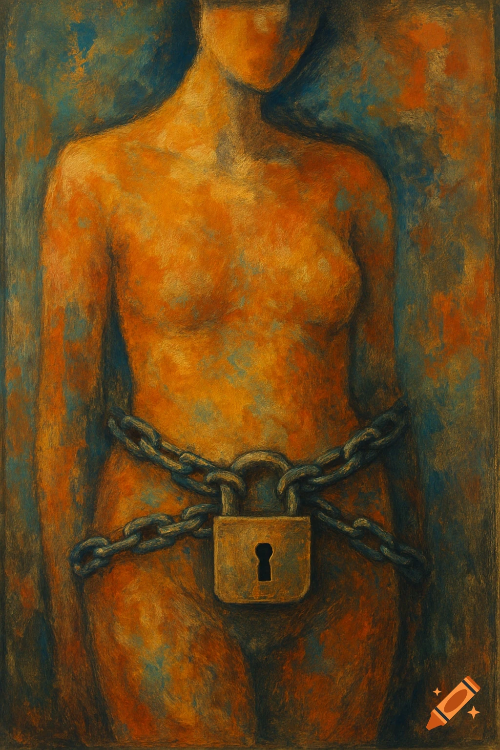 Abstract painterly image of a woman's torso wrapped in chains with a padlock. Textured orange and blue.