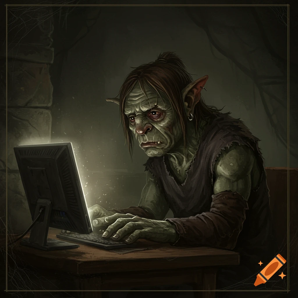 A gloomy-looking troll works on a computer in a dark room.