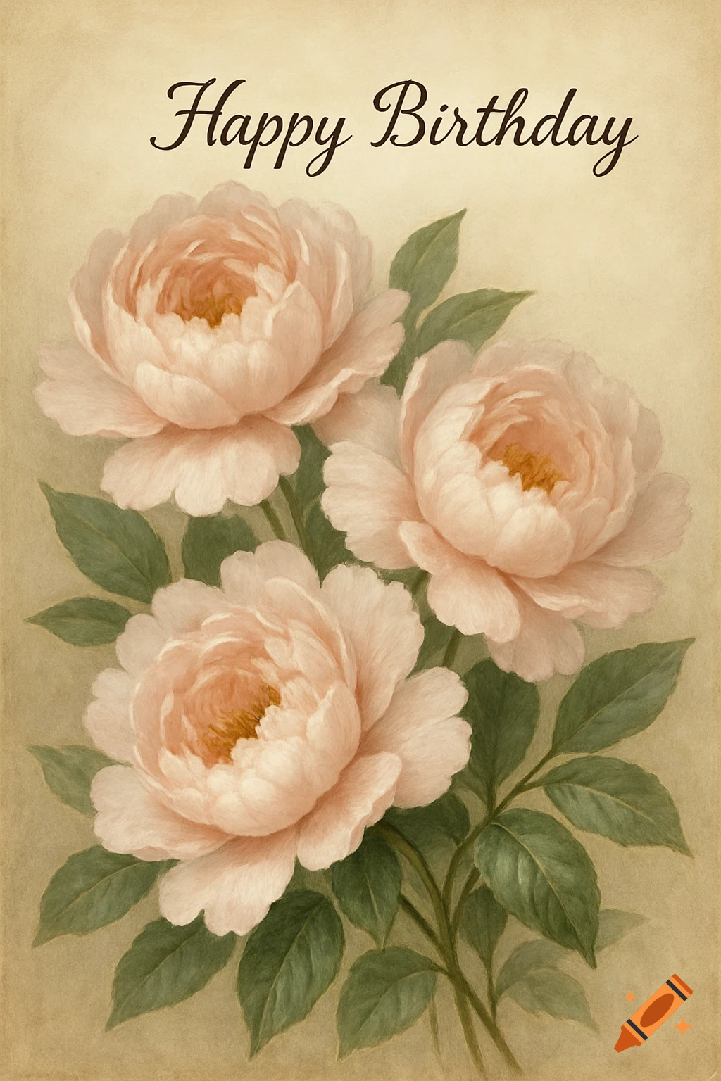 Greeting card with 'Happy Birthday' text and three pale pink peonies.