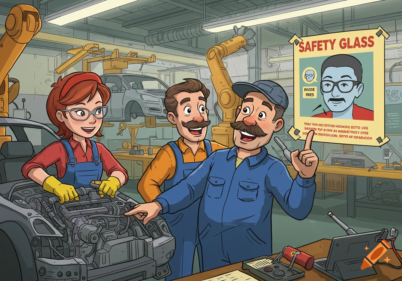 Cartoon mechanics working on a car in a garage.