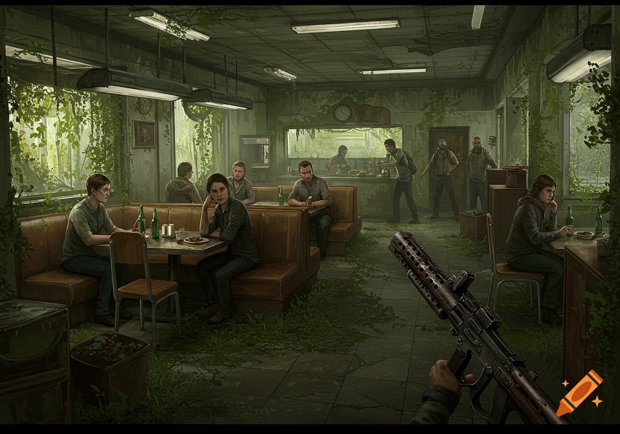 Illustration of survivors in a ruined diner overgrown with plants, seen from the perspective of someone holding a rifle.