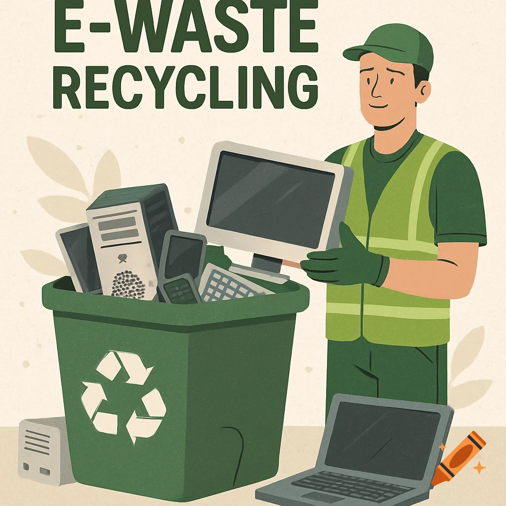 Illustration of a person recycling e-waste into a green bin