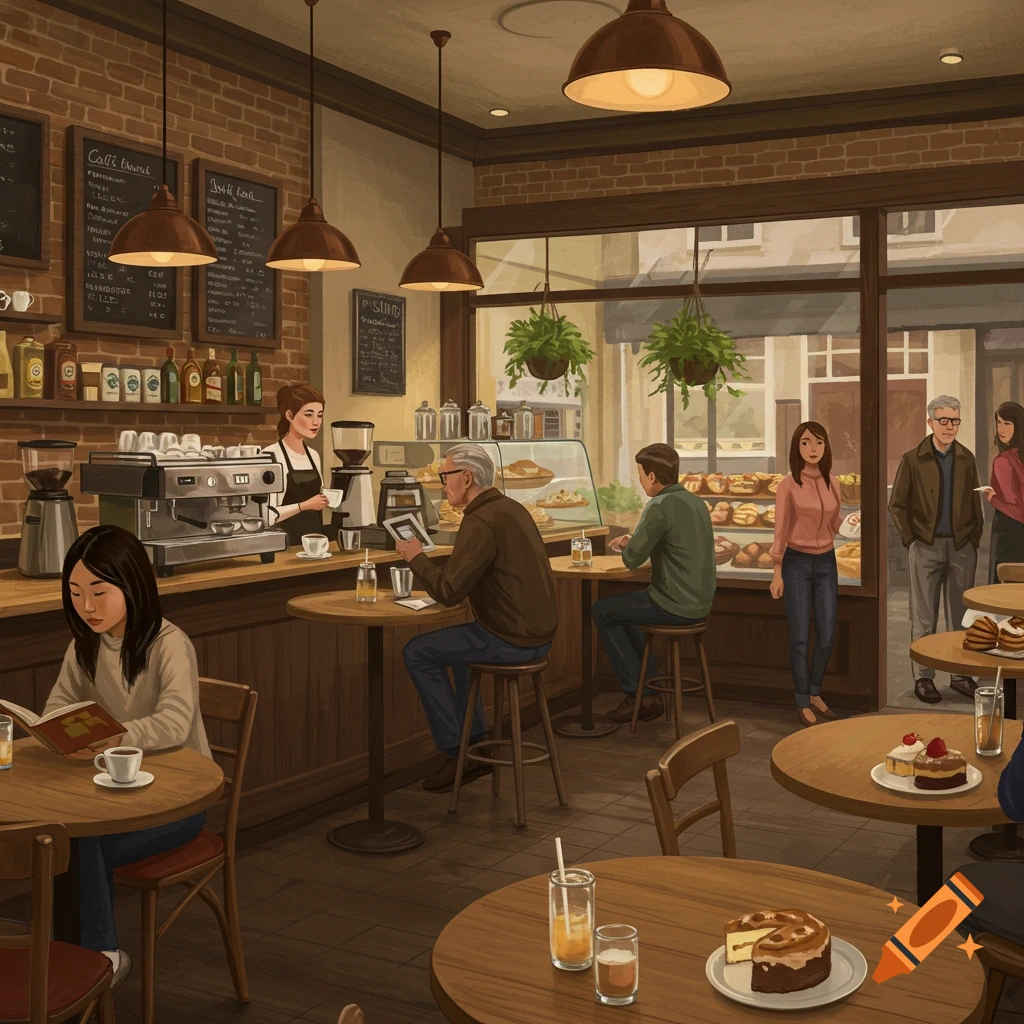 A detailed illustration of a bustling cafe interior with people sitting at tables and a barista behind the counter.