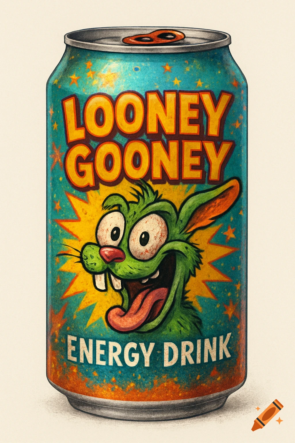 Brightly colored energy drink can with a cartoon green rabbit and text in a textured illustration style.