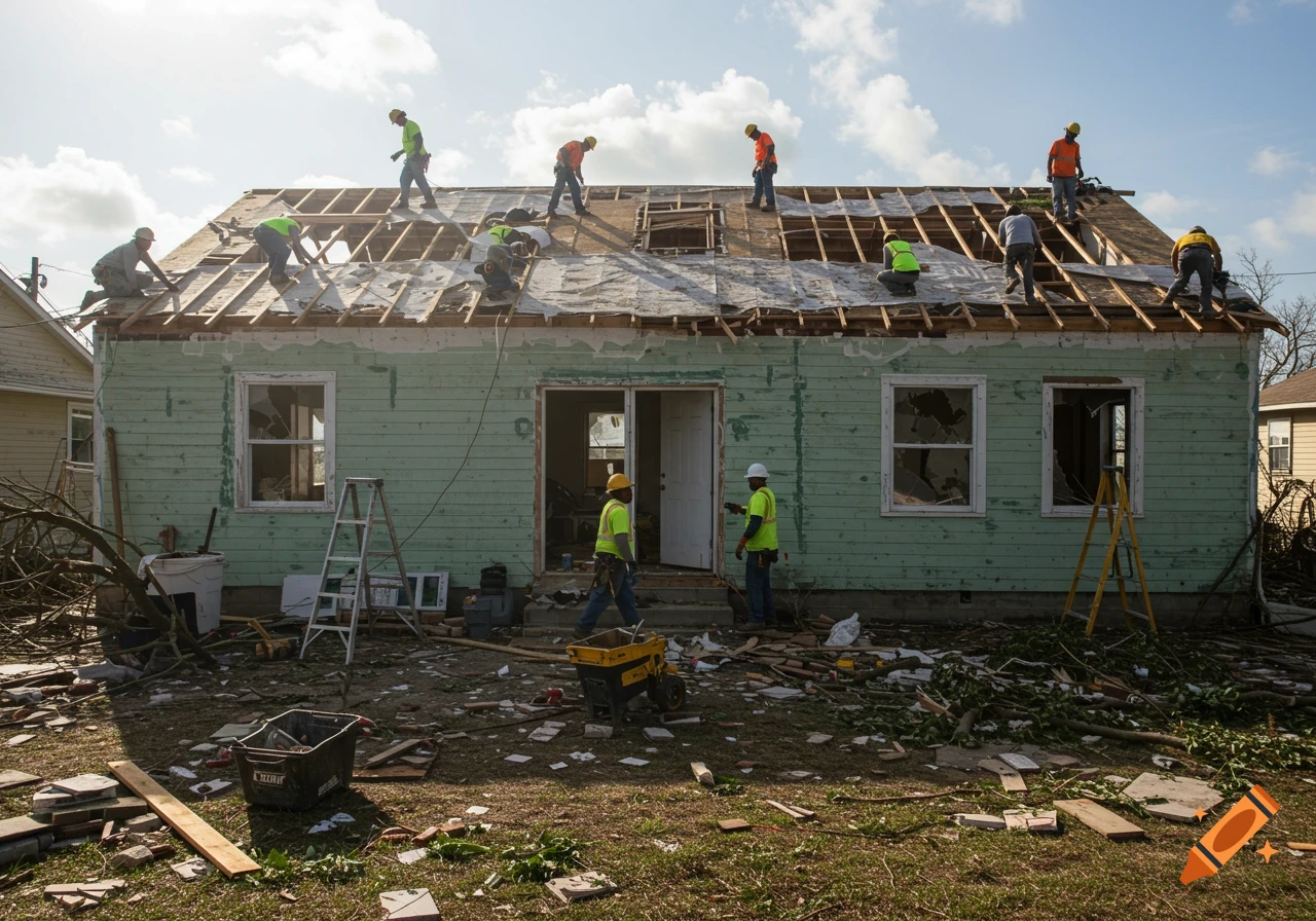 Workers on a damaged house repairing or demolishing the roof after a disaster.