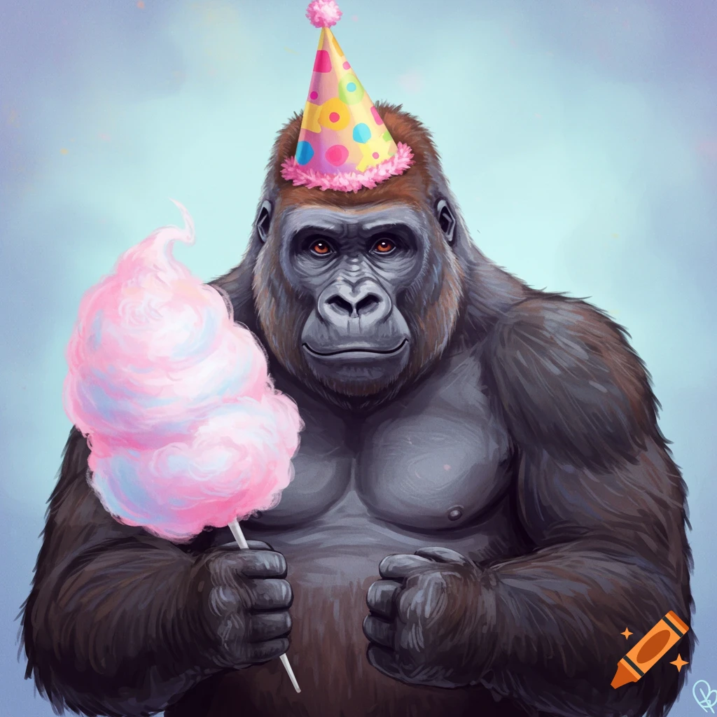 A gorilla wearing a party hat holds pink cotton candy in a digital painting style.