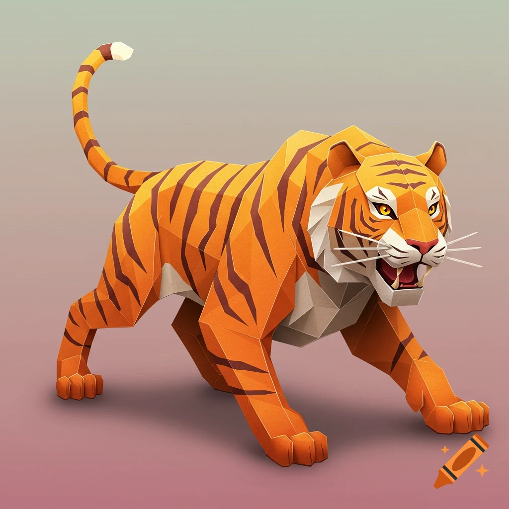 A paper tiger in orange and brown stripes stands on a gradient background.