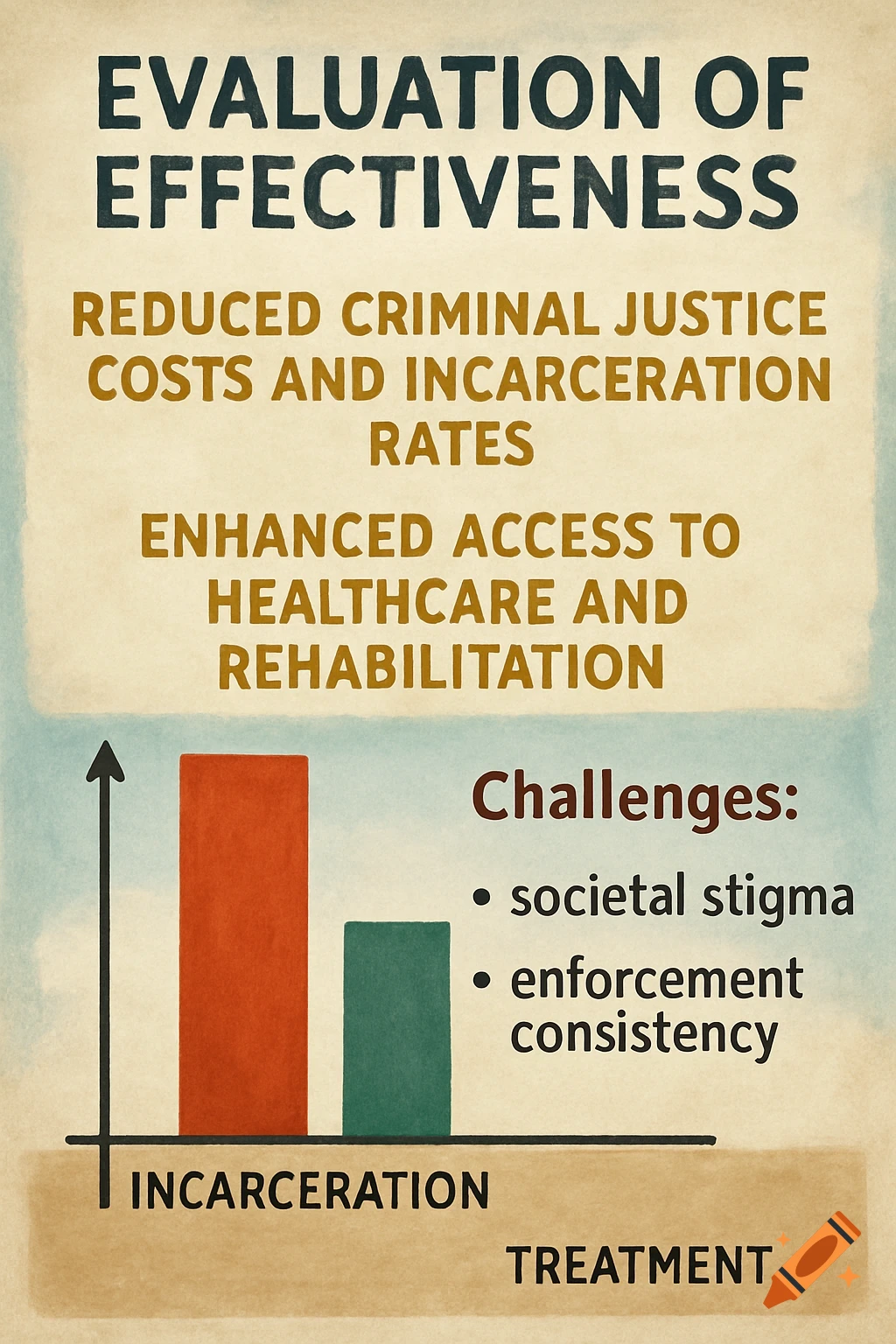 A graphic titled 'Evaluation of Effectiveness' shows a bar graph comparing incarceration and treatment, with text listing benefits and challenges.
