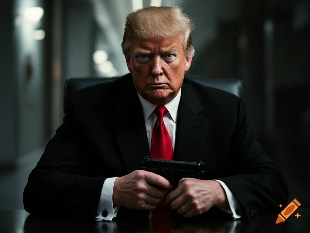 Portrait of a man resembling Donald Trump in a suit and tie, holding a pistol at a table.