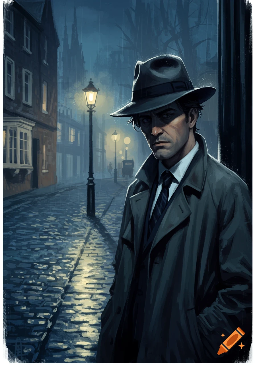 Illustration of a detective in a fedora and trench coat standing on a rainy cobblestone street at night.