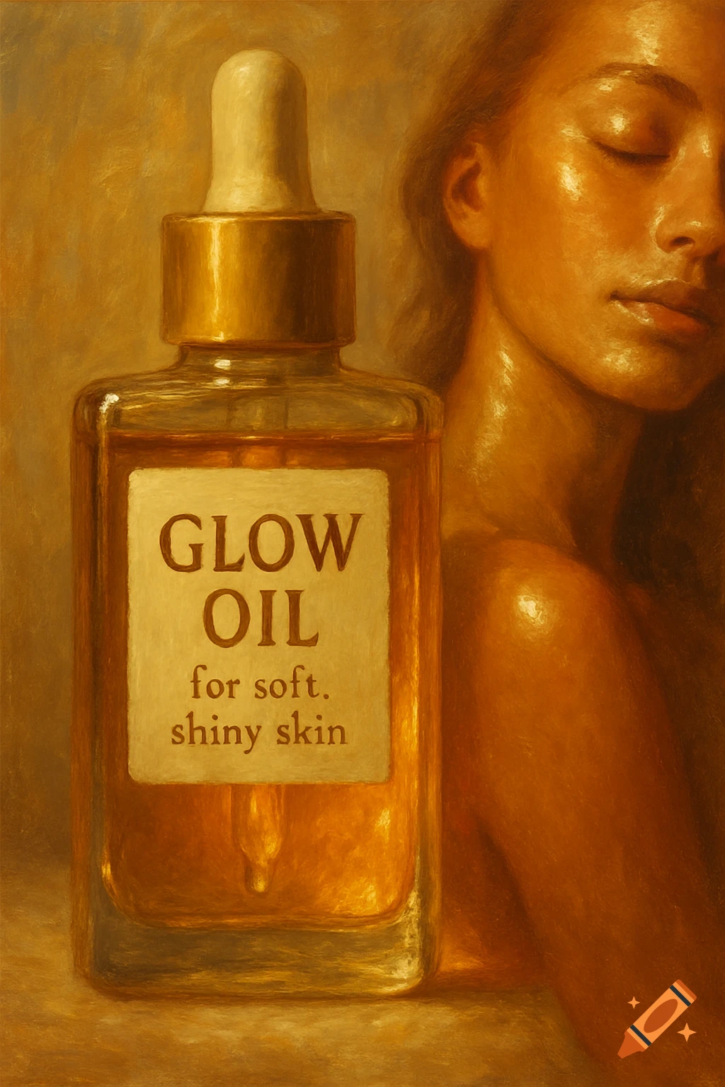 A bottle of "Glow Oil" next to a woman's face with shiny skin, in an oil painting style.