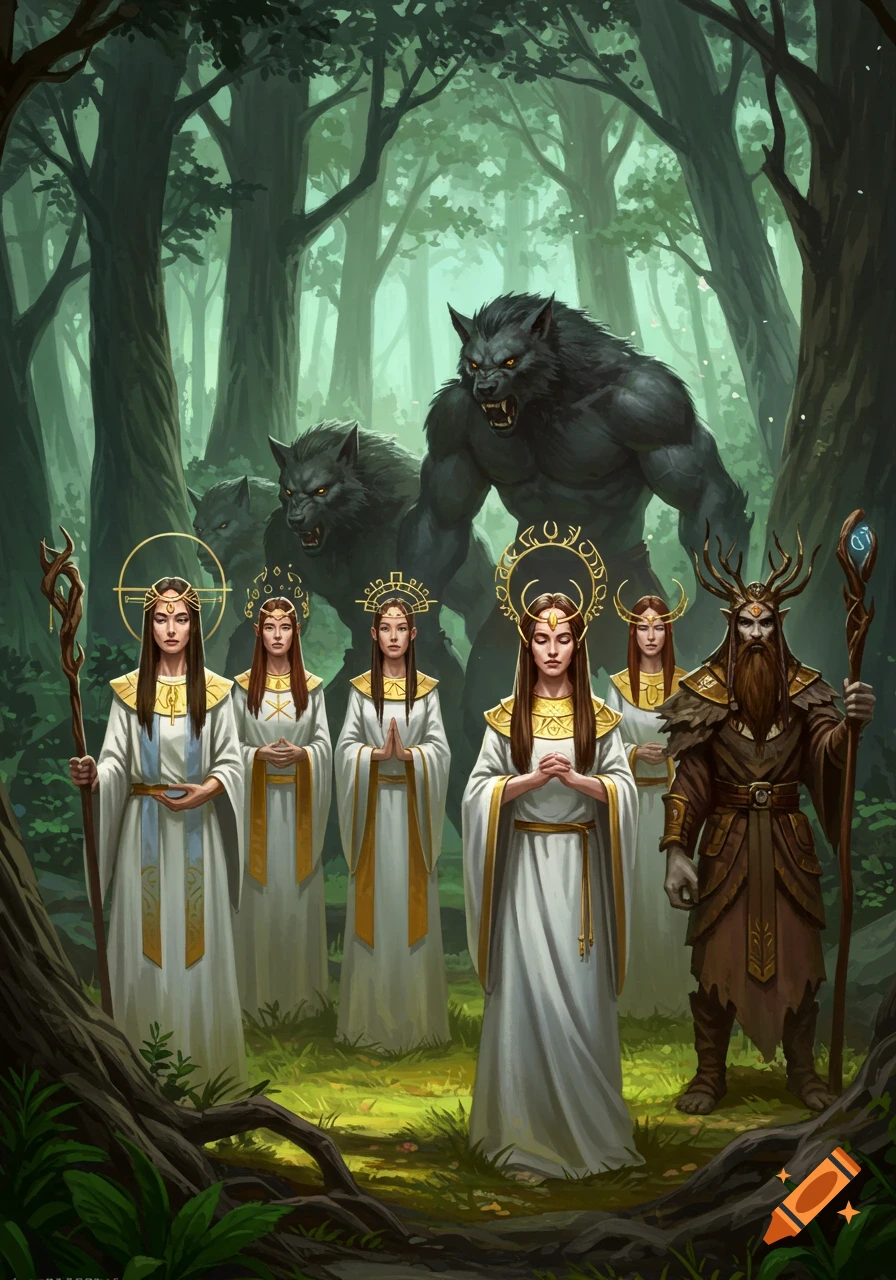 Fantasy illustration of priestesses, a druid, and werewolves in a forest.