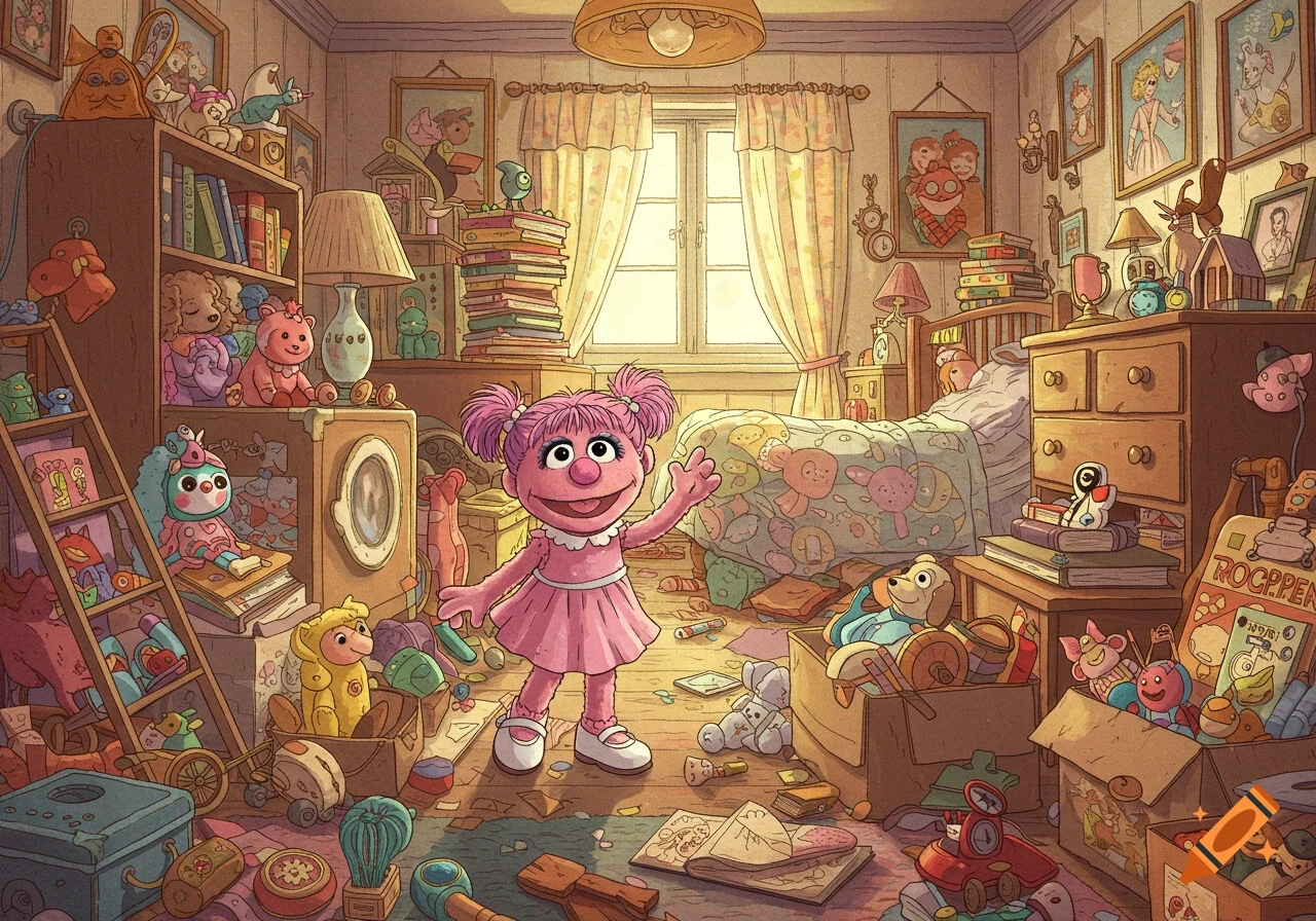 Cartoon illustration of Abby Cadabby in a very messy, cluttered room filled with toys and books.