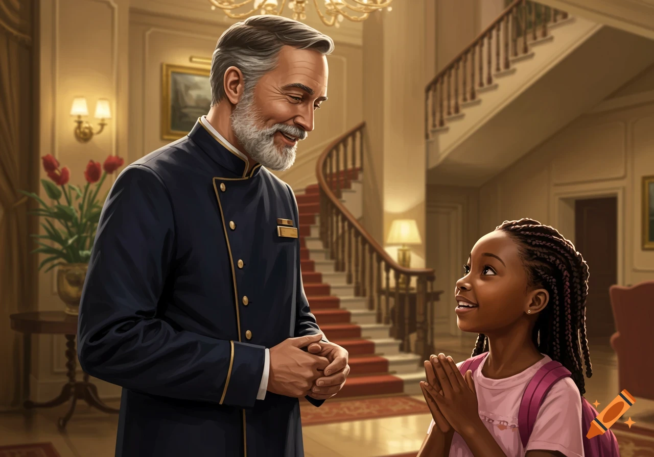 Man in hotel uniform talking to a young girl in a grand lobby