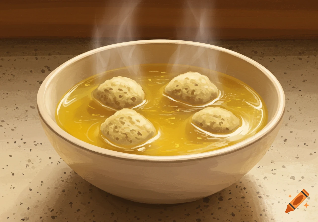 A bowl of matzah ball soup with four matzah balls and steam rising in a painterly style.