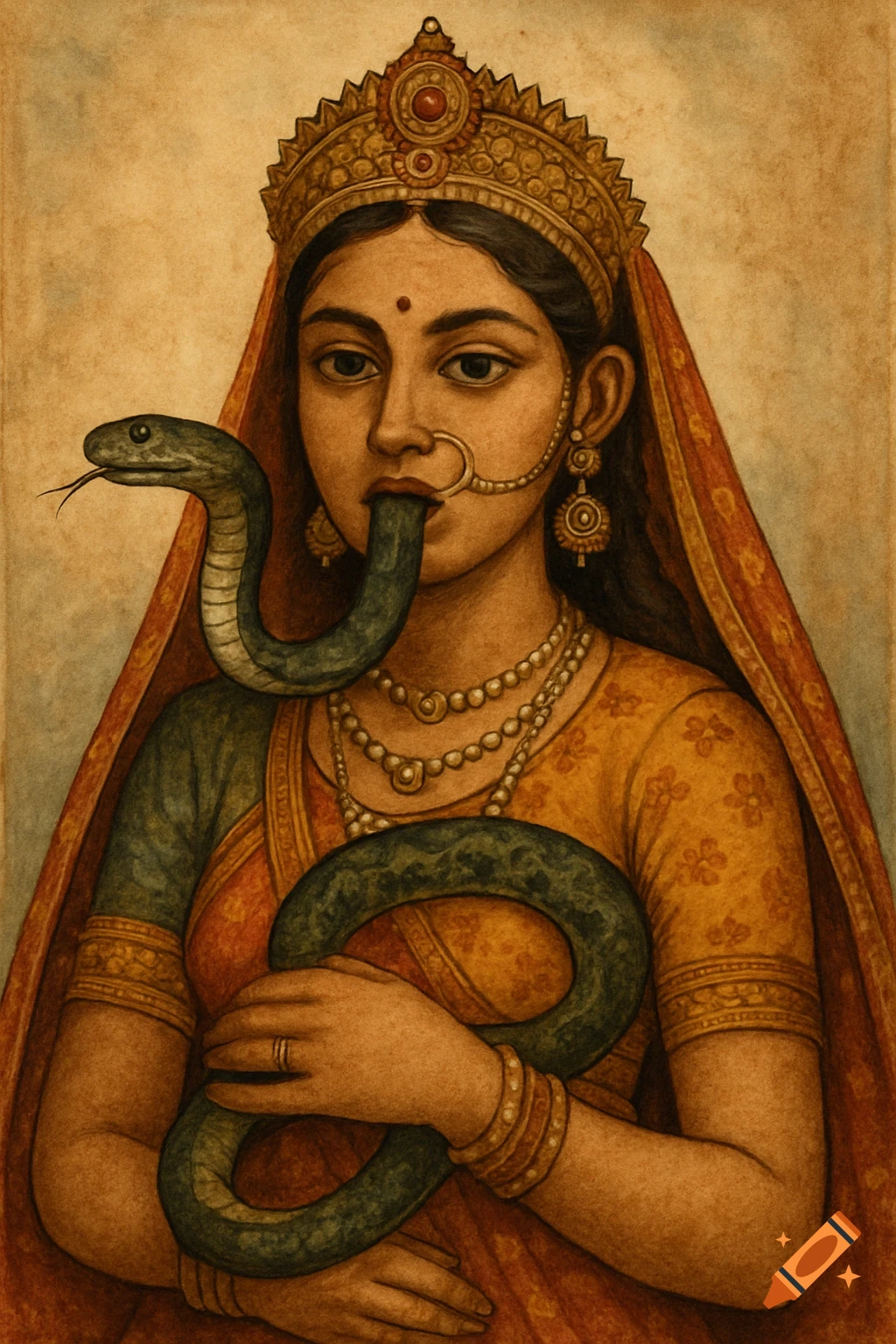 Painting of an Indian princess holding a snake that comes from her mouth.