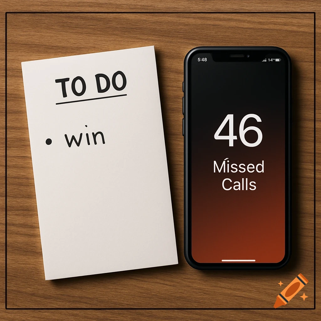 Overhead view of a to-do list with 'win' and a phone showing 46 missed calls on a wooden table.