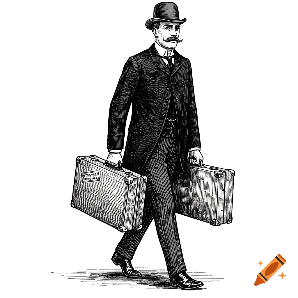 Man in 1890s suit and hat carrying suitcases, walking left. Vintage engraving style.