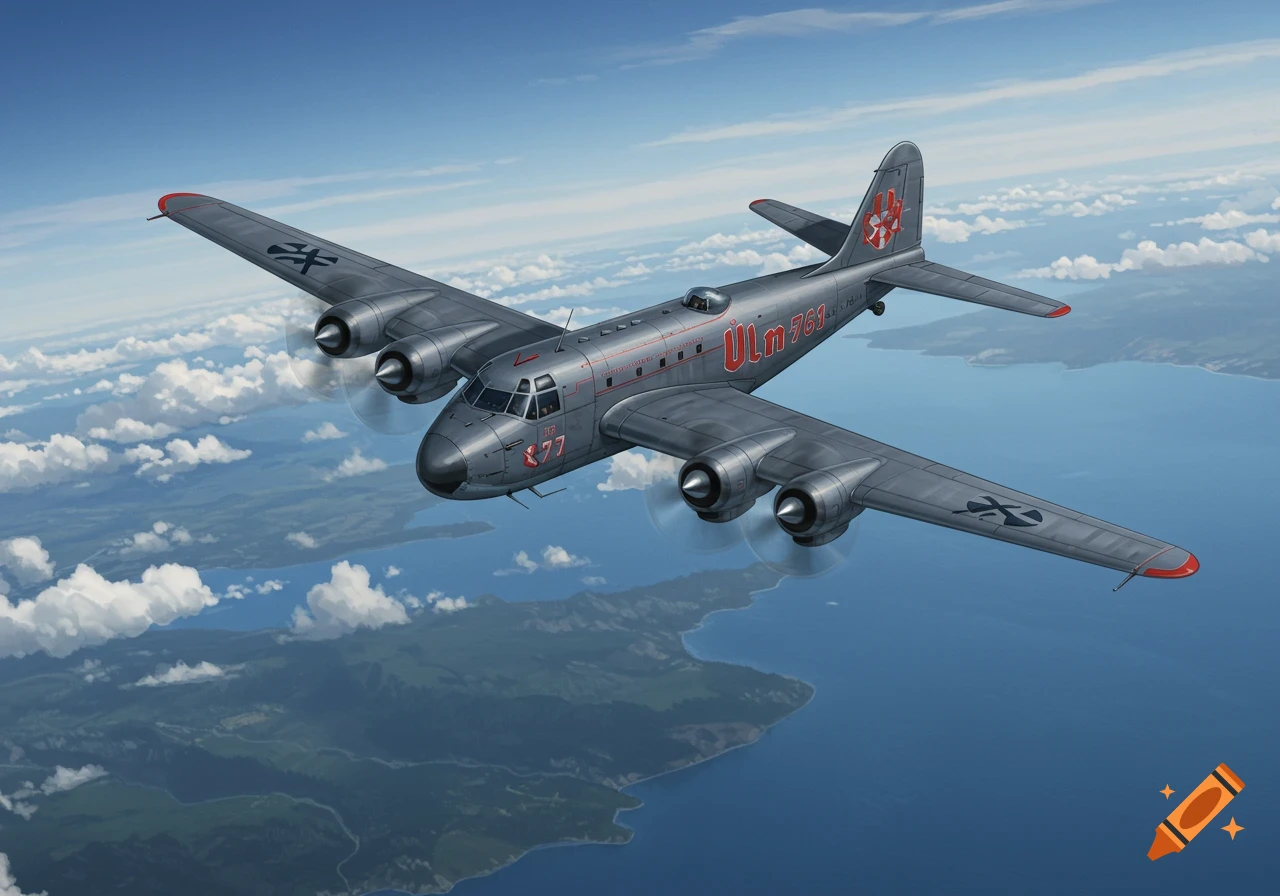 A four-engine propeller airplane flies over clouds and a landscape with water.