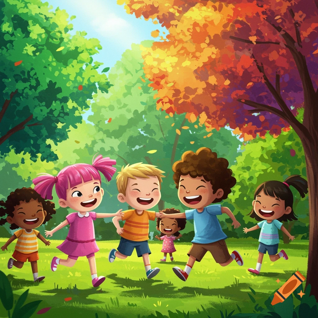 Happy kids running and playing tag in a colorful park with autumn trees, illustration style.