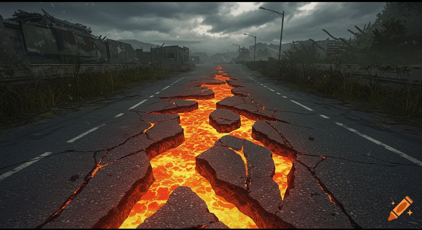A post-apocalyptic road with cracks filled with glowing lava under a cloudy sky.
