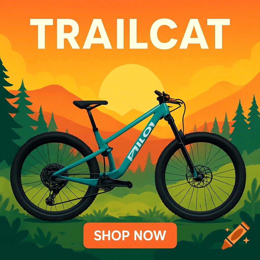 Stylized illustration of a teal mountain bike in a forest setting with text "TRAILCAT" and "SHOP NOW".