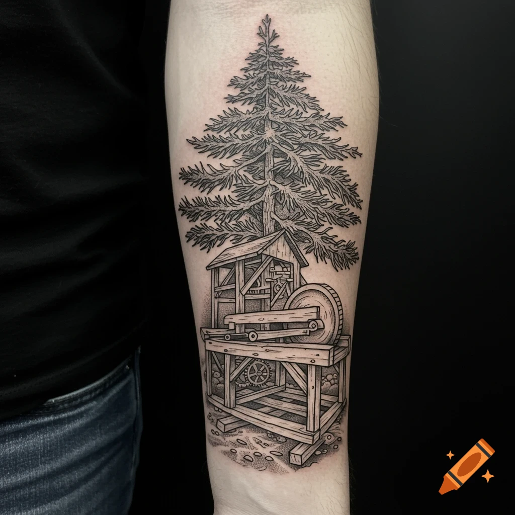 Monochrome forearm tattoo of a cedar tree and sawmill.