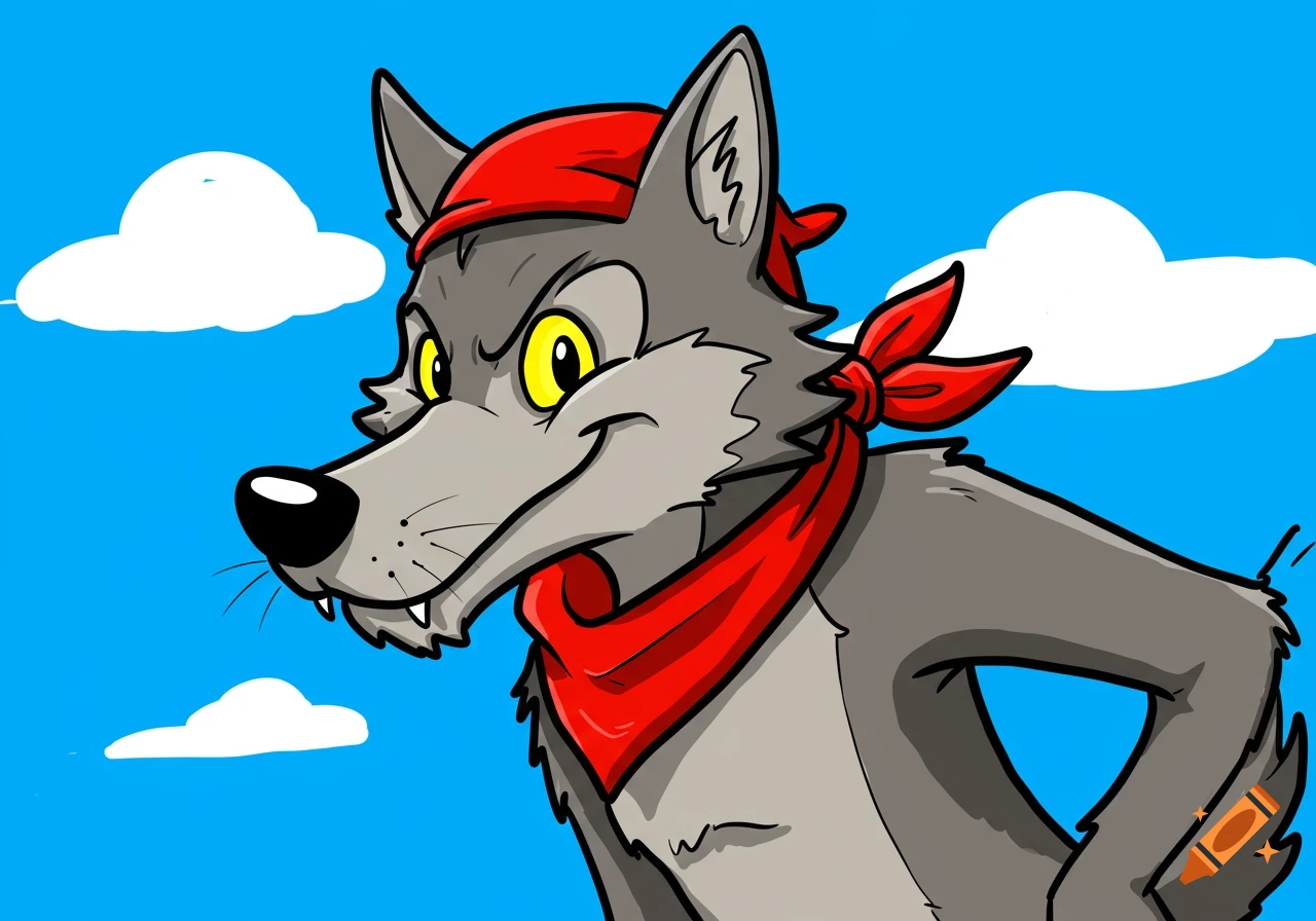 Cartoon wolf with a red bandana against a blue sky with clouds.