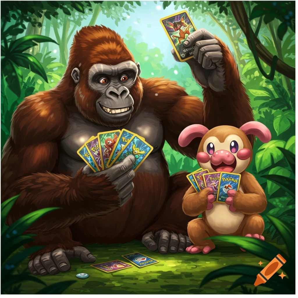 A gorilla and a cute creature play cards in a jungle.