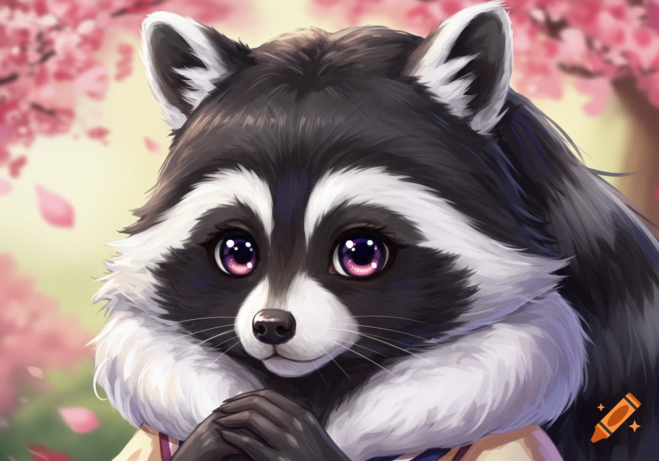 Anime raccoon with purple eyes and clasped paws among cherry blossoms.