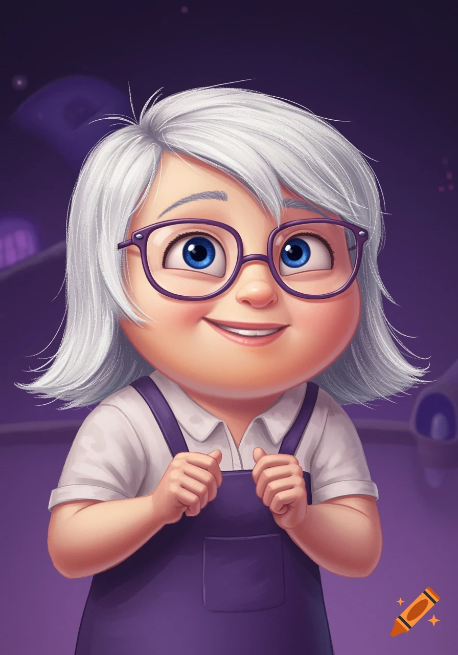 A cute, stylized cartoon character with white hair, large blue eyes, purple glasses, and a purple overall dress smiles and holds onto the straps.