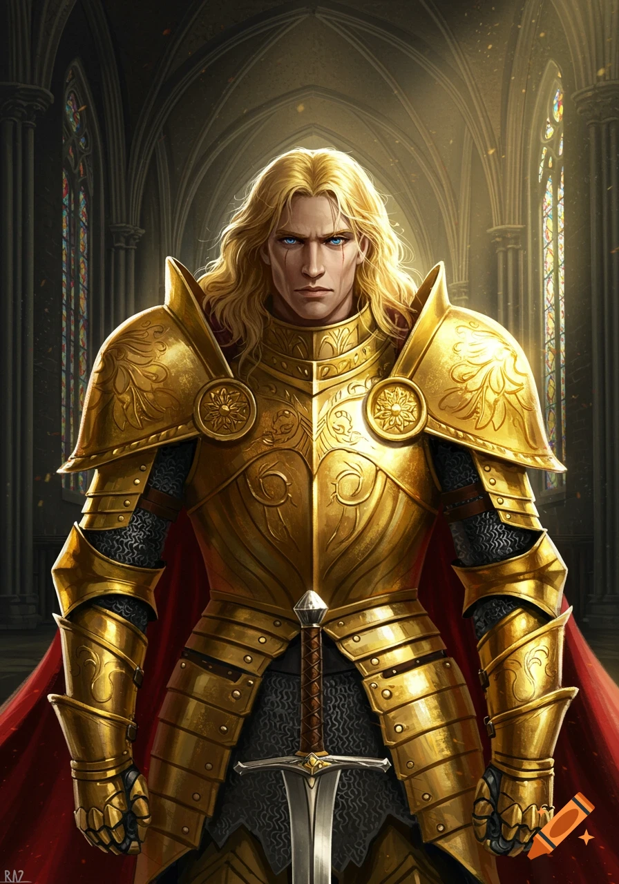 A knight with blonde hair and blue eyes wears ornate golden armor in a church.