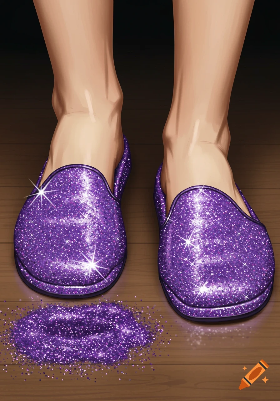Feet wearing sparkly purple slippers standing on a wooden floor with purple glitter spilled nearby in a digital painting style.