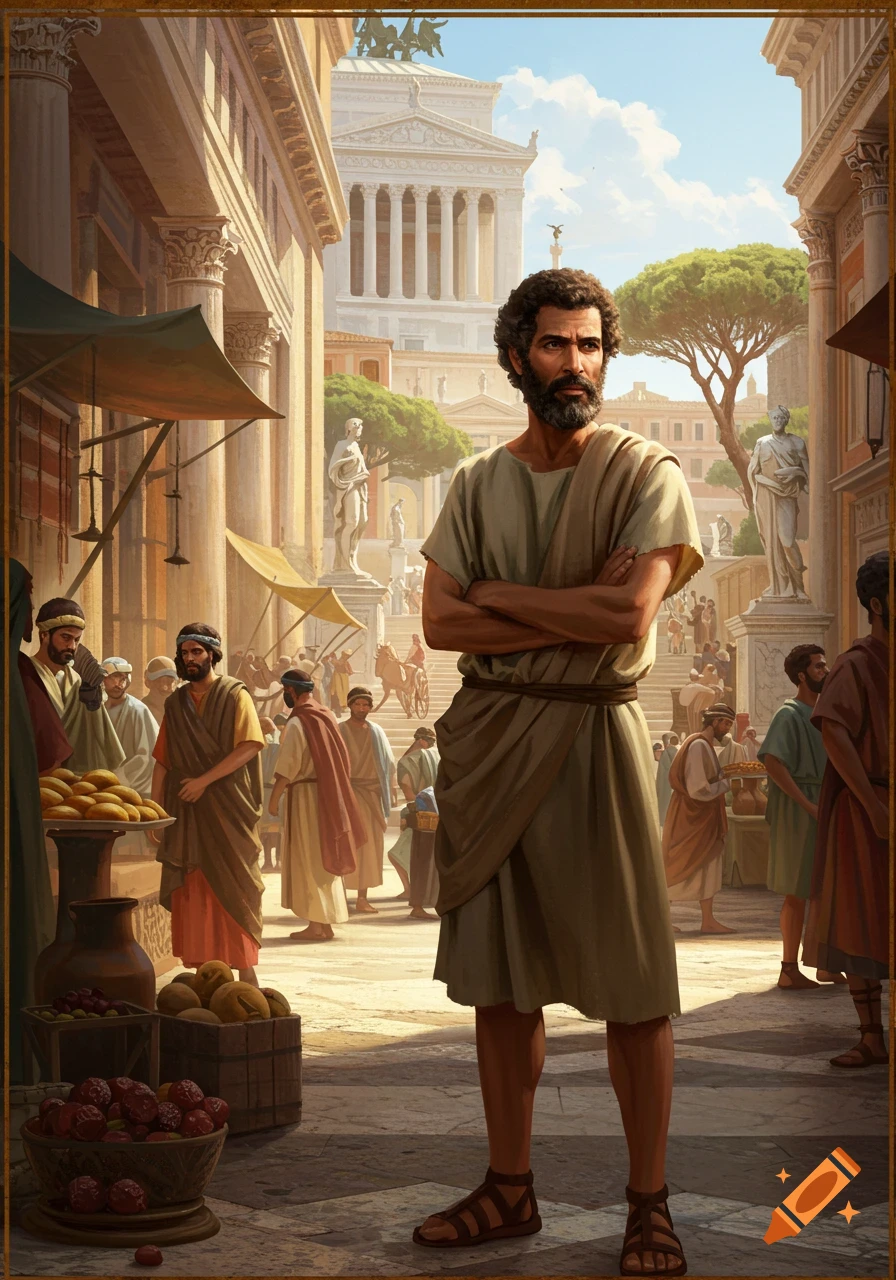 A man in ancient Roman clothing stands in a marketplace with classical architecture and a crowd.
