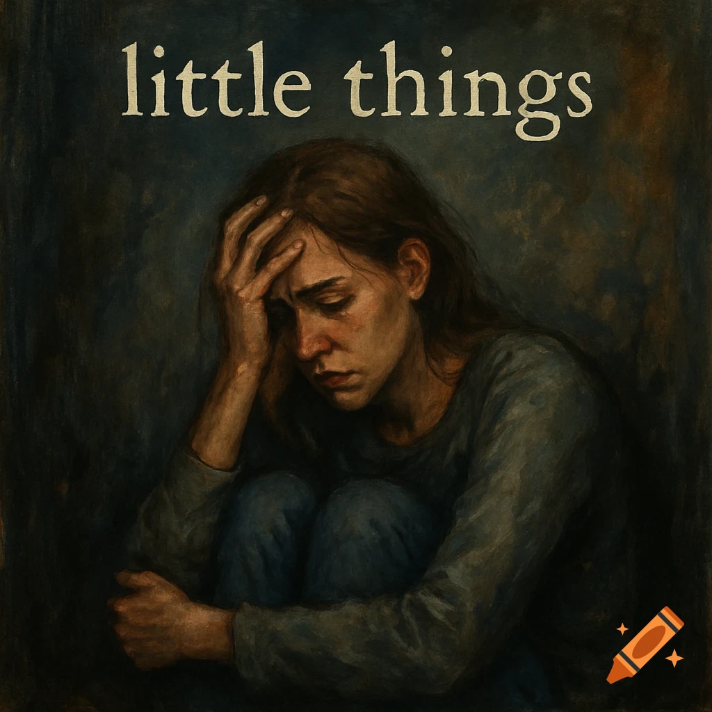 Painterly image of a sad woman with her head in her hand, text reads "little things".