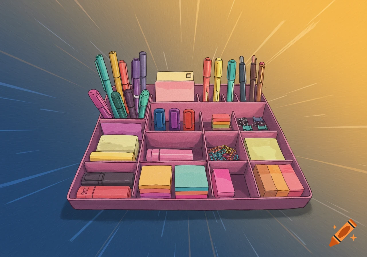An illustration of a purple desk organizer filled with colorful pens, sticky notes, and paperclips, against a background with a burst fade.