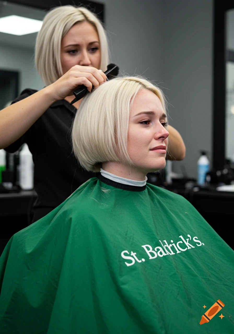 Woman with platinum blonde bob getting a haircut in a salon, wearing a green St. Baldrick's cape.