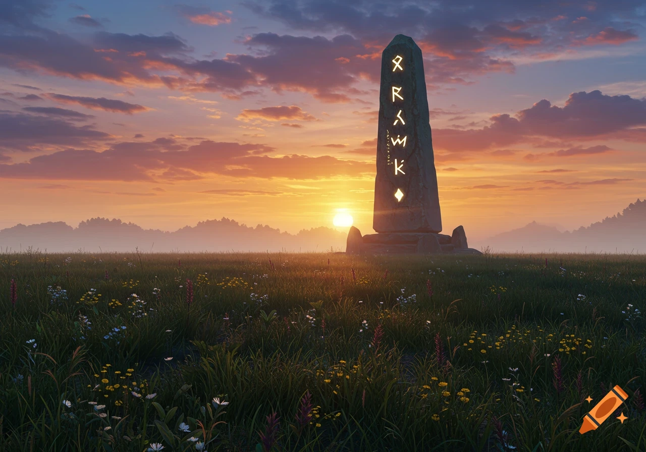 A large stone obelisk with glowing runes stands in a grassy field at sunset.