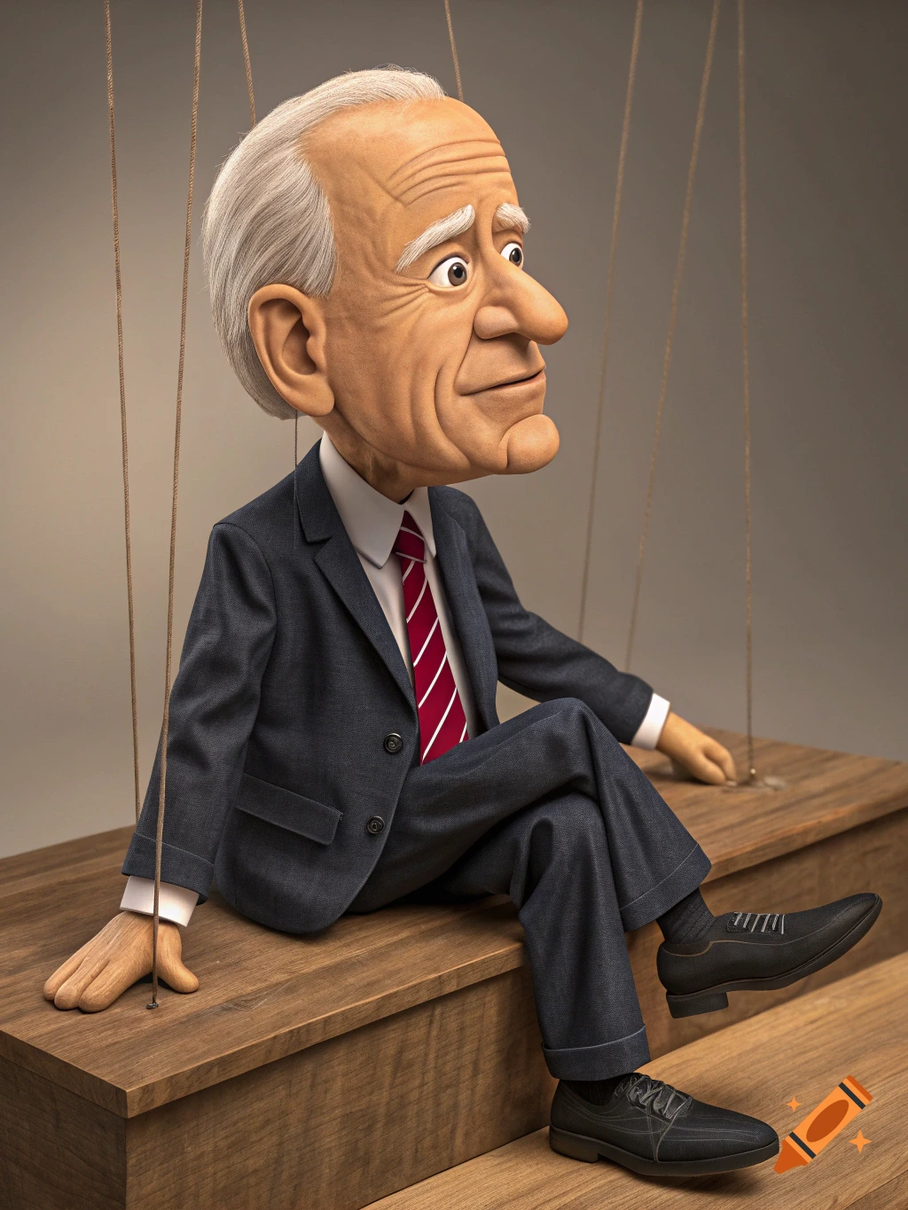 A puppet resembling Joe Biden sits on a wooden surface with strings attached.