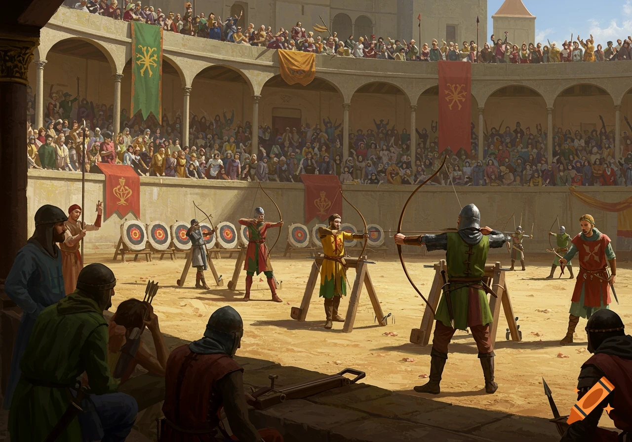 A medieval archery tournament in an arena with archers and a large crowd.