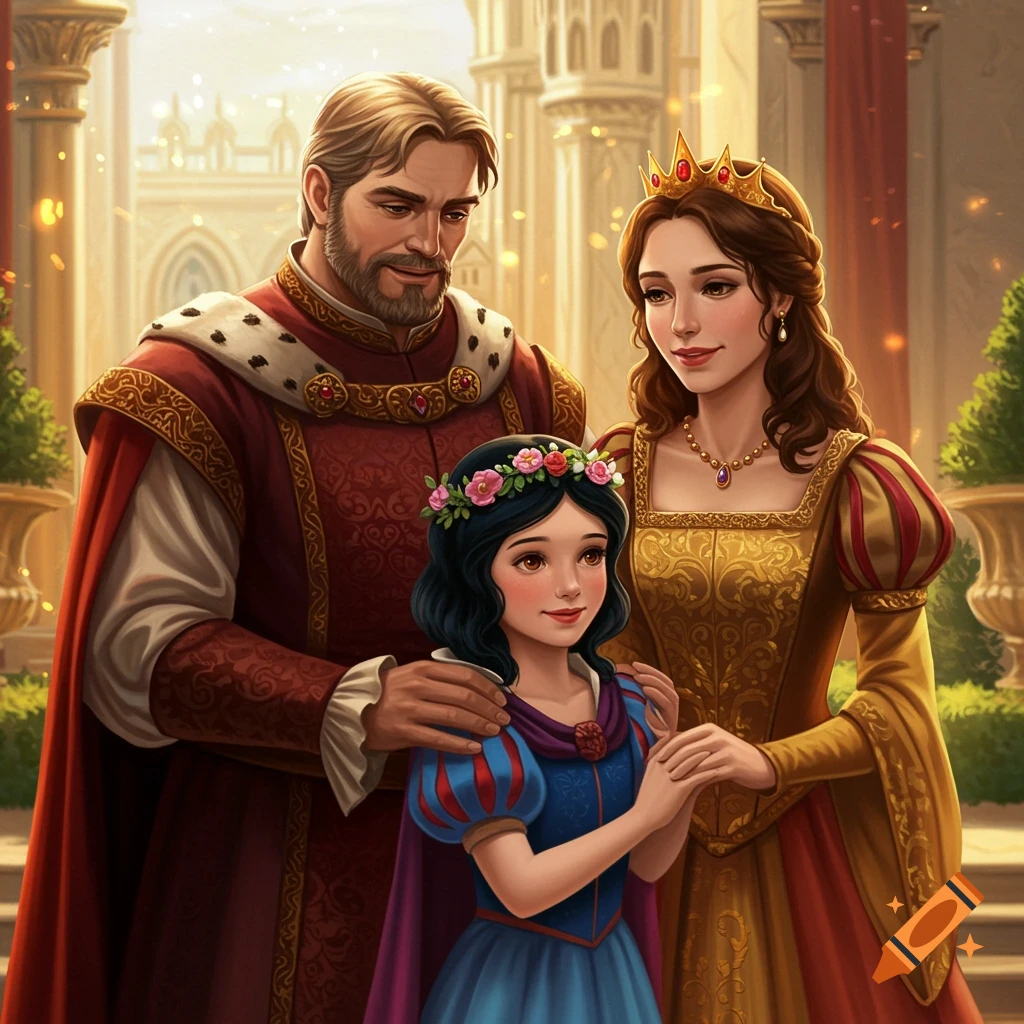 Young Snow White stands between her parents in a grand castle hall.