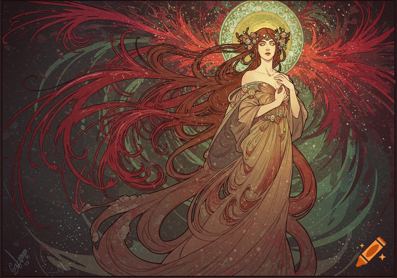 Art Nouveau portrait of a woman with flowing red hair and dress against a swirling, cosmic background.